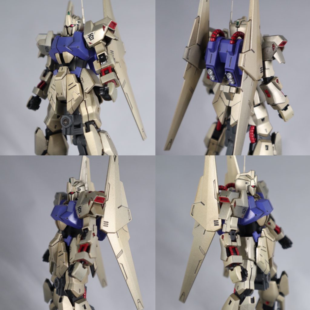 明るめに塗装したつもりです。
タミヤ チタンゴールド、同じくタミヤブルーバイオレット、サザビーレッドで塗装してます。
金属感が強い気がします。
とにかくパーツ別の色ムラがスゴイ‼︎
バインダー、膝関節、どこかの動力パイプを後ハメ加工した覚えがあります。バインダー以外はなぜそうしたのかサッパリ覚えてないです。ʅ(◞‿◟)ʃ塗り分けの為だと思うんですが…。
以下ポージング。