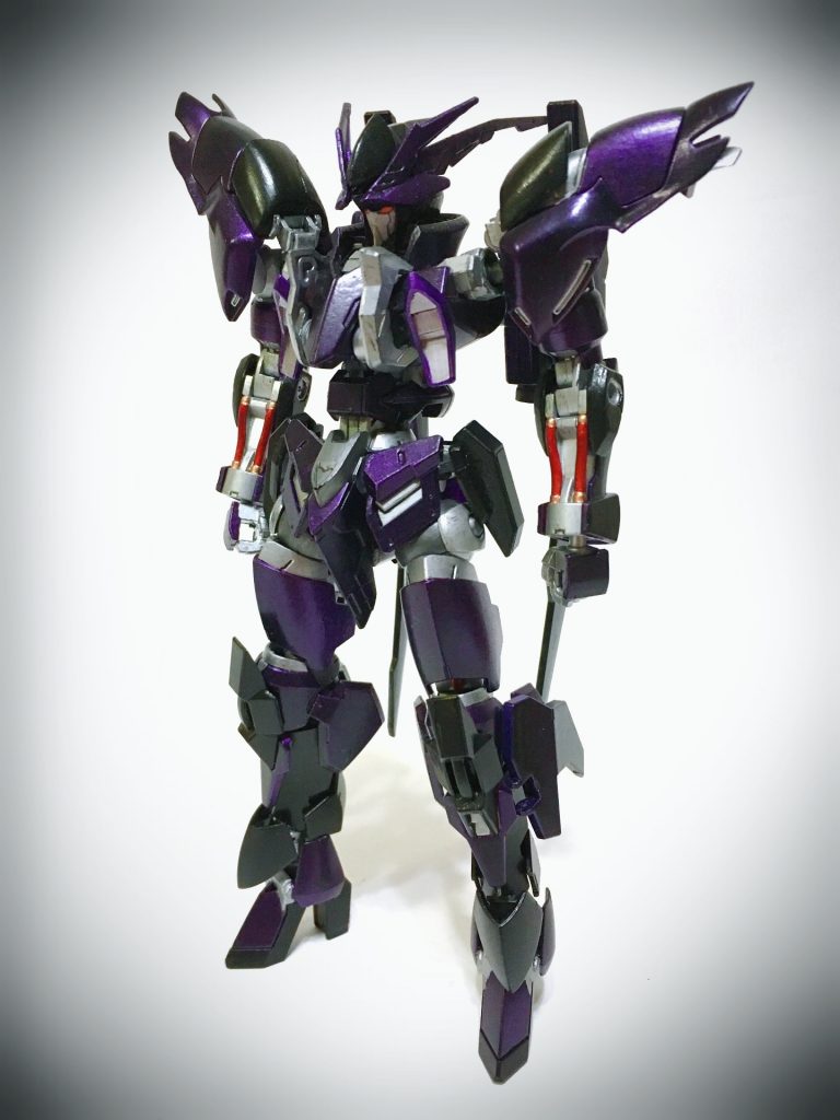 フロントショット銀のフレームにダークバイオレットの装甲、周りの光度によって紫や黒などに変わる視覚効果をもっている。各所にまだガンダムフレームの名残が見え、頭部もガンダムフェイス。ただし、ツインアイはサブカメラであり、スリットの奥にあるヴァルキュリアフレーム本来の球体センサーがメインカメラだ。