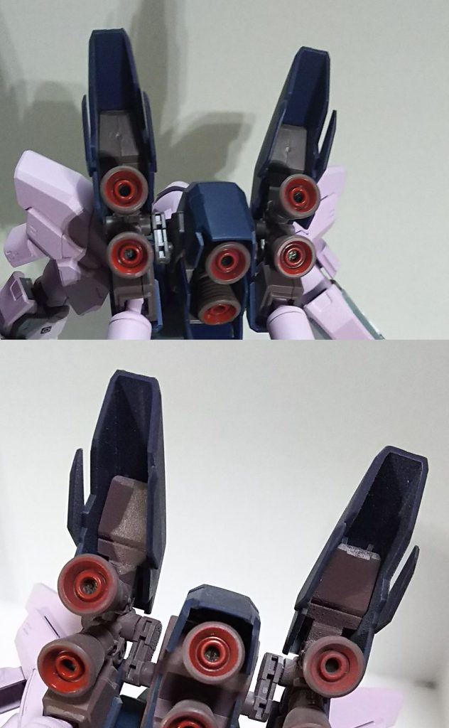 前回投稿時とても許せなかった部分。
バックパックのパーツ合わせ目が未改修で目立ちまくってました。
合わせ目を消してダグラムカラーのココアブラウンを調色して塗装。