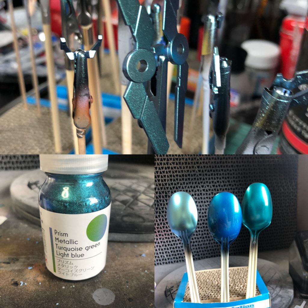 サイコフレーム。 テストピース作りました。 ウイノーブラック、スターブライトシルバー、プリズムメタリックターコイズグリーンライトブルーの順で。 最終的にメタリックカラーになったので、シルバーいらないのではなかったかと…。