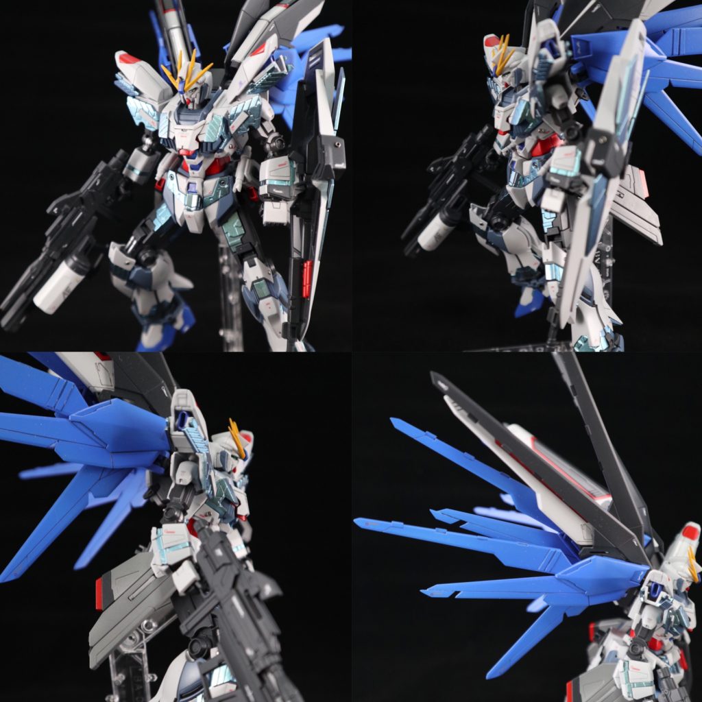 各方面。 すでに述べた通り、フリーダムの特徴的な部分をナラティブに落としてます。 ミキシングとしてはキットも新しいもの同士で非常に簡単でしたが、それではつまらないので、ウィングと肩のデザインを外側に放出するようなイメージで改修。 ウィングは突然閃き、黒い上部と青い下部パーツを分割可動するように変更。 一応元の形状に戻すこと出来ます。 しないけど… 肩、モールドで切り離し内側にプラ板貼って2段階の段差をつけました。そのままだと中身丸見え状態だったのでナラティブの肩パーツを切り貼りしてサイコフレームもくっつくようにしてます。