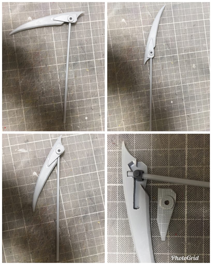 グリム リーパー製作画像。刃身にポリを仕込んで3方向に3mm径の溝を作り、固定出来る用にしてます。