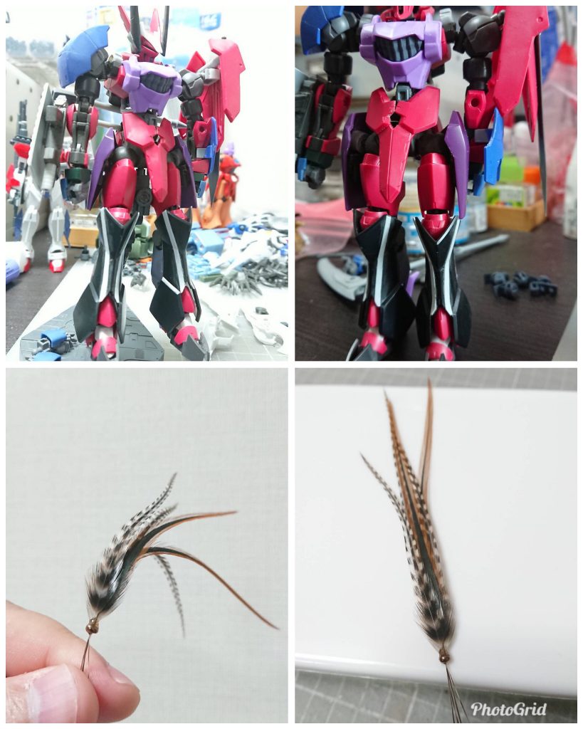 脛アーマーにプラ板でディテ作成と特徴的な頭部羽飾りは5枚の羽を併せて基部にビーズを使用してます。