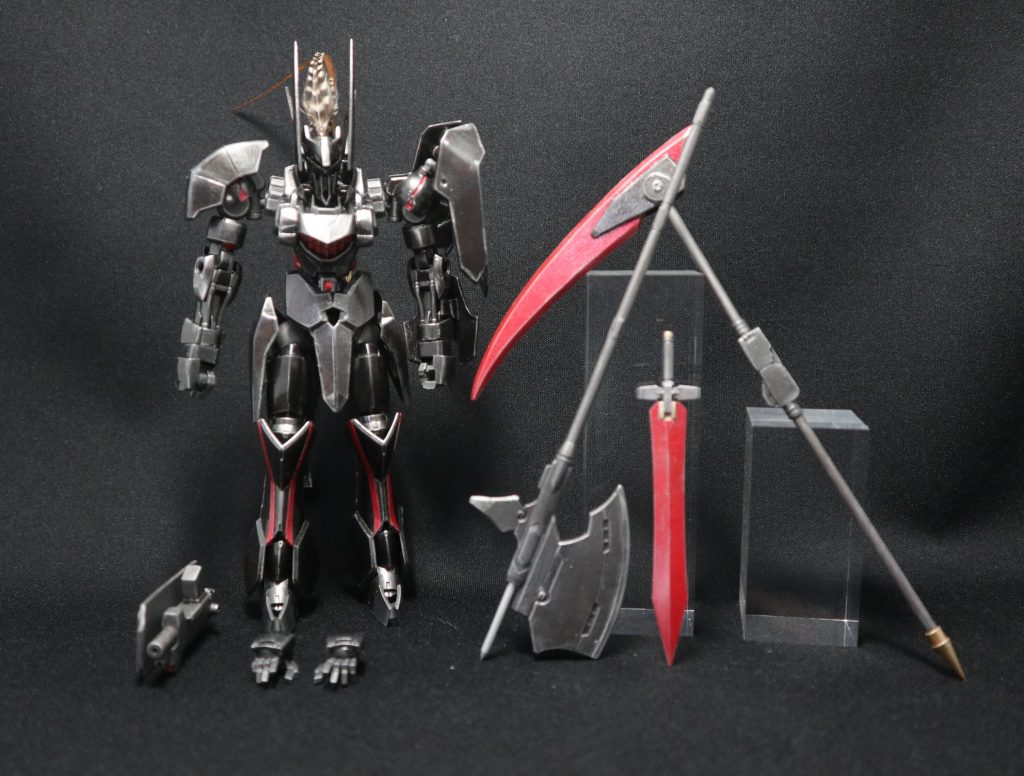 スタティックディスプレー機体はグリムゲルデベースのミキシングにアクリジョンの筆塗りに光沢トップコートです。今回は黒を黒鉄色、赤はメタルレッドの部分とシルバー下地のクリアーレッドの部分があります。