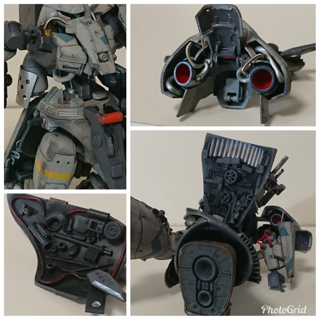 各部精密部分
追加された稼働式リアアーマーには大量の小型スラスターが並べられており、直線推進と地上のホバリング能力の底上げを行う。