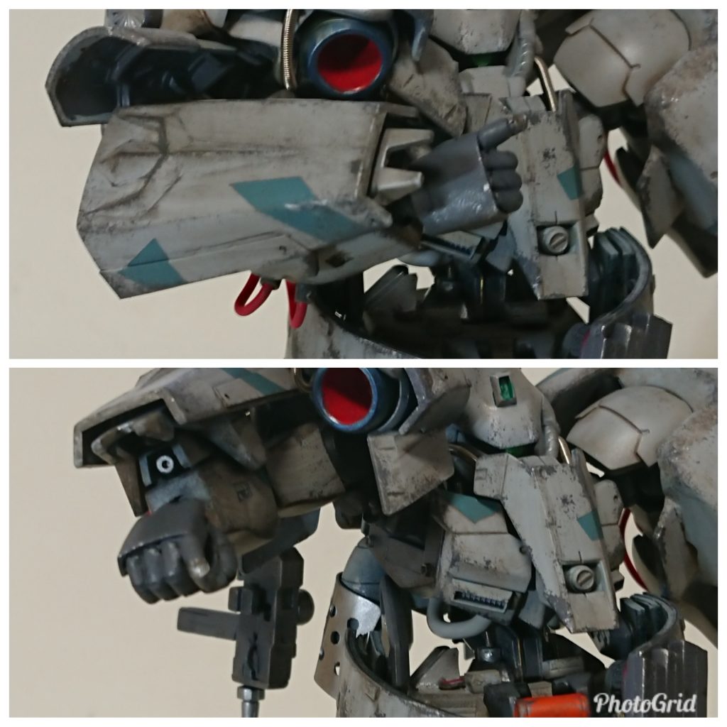 腕部
アクシズ製バックラーシールドにはルナチタニウム合金製クローが備えられており、近距離の打突に用いられる。両腕には内臓火器として180㎜速射砲を装備。