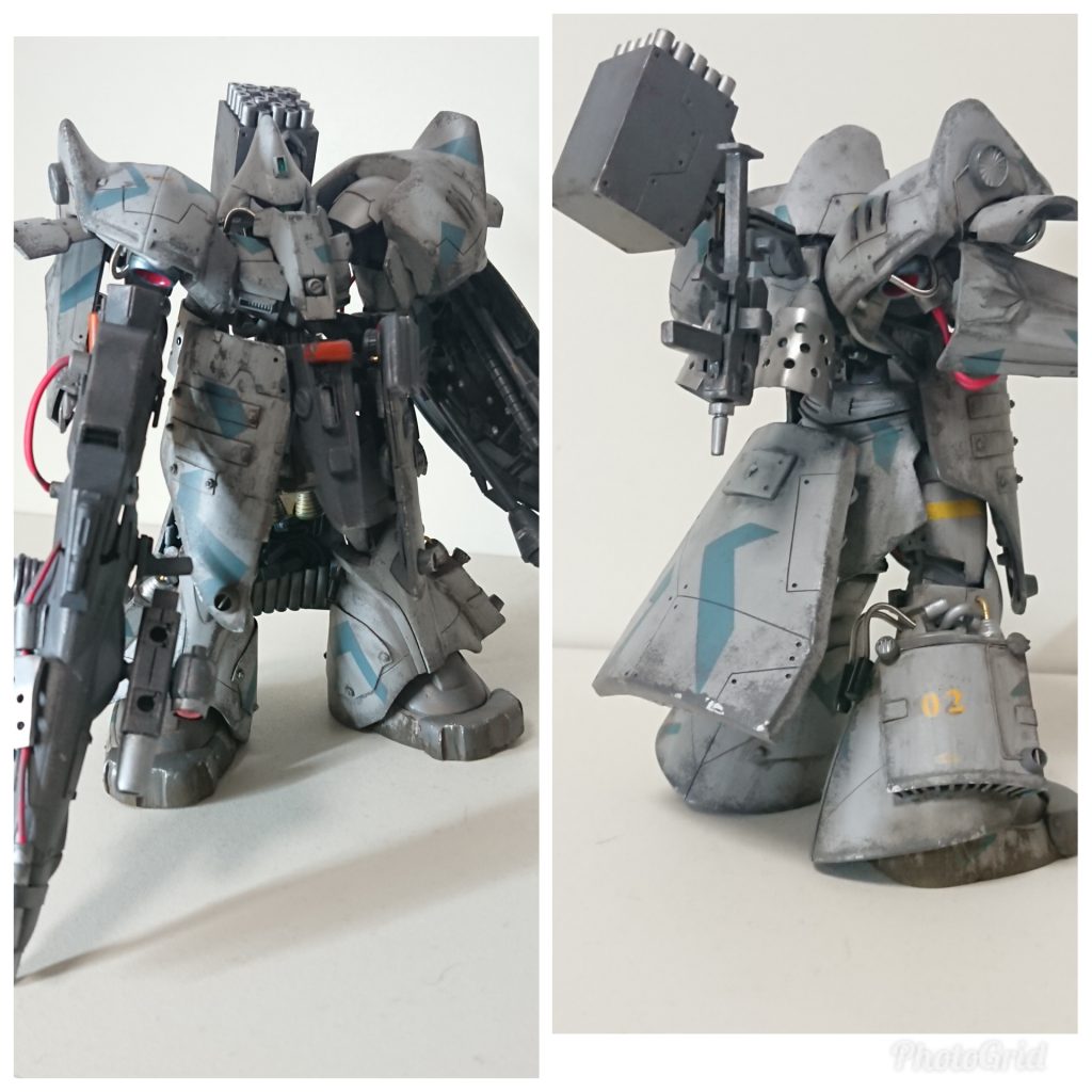 全体図
脚部の排熱フレアは補助推進機の機能を併せ持つ。全体的に重装甲で覆われており一年戦争時のデータに基づいて当時の主力火器全般に対して高い耐性を持つ。