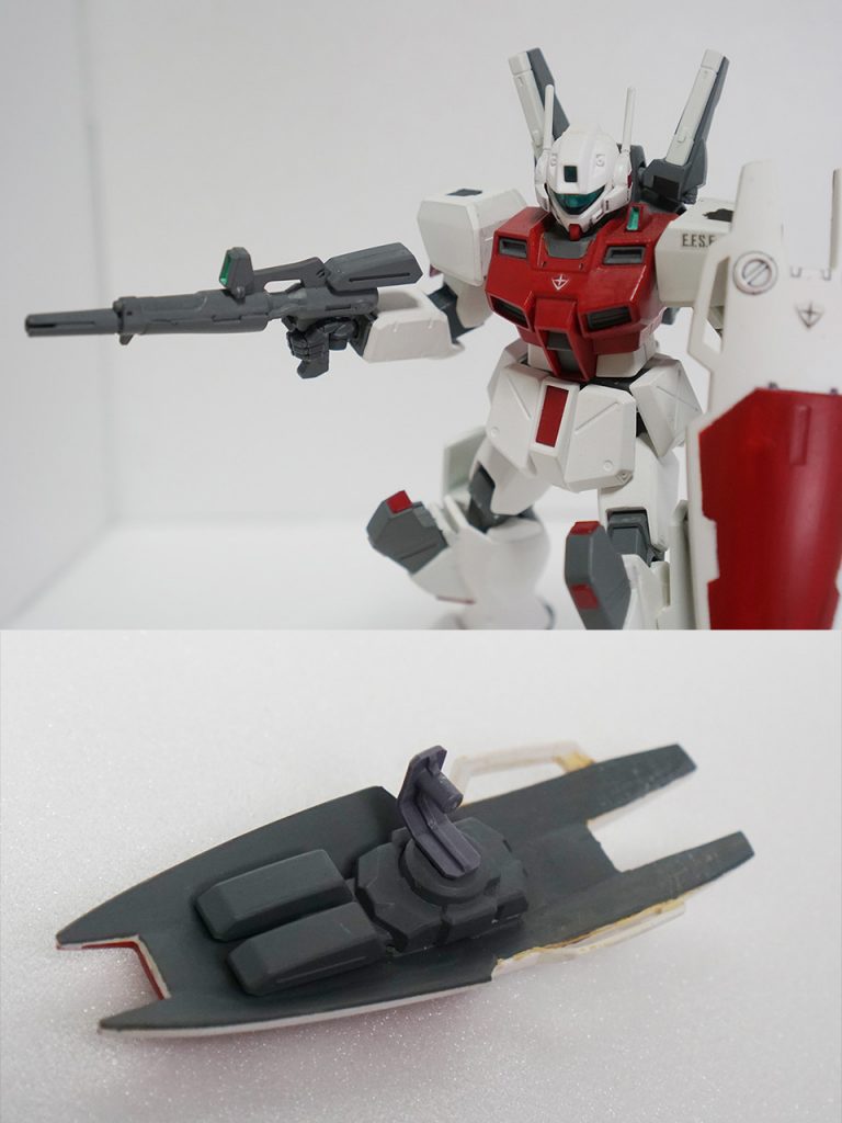 ビームライフルはジムコマンドのものにMK-IIのエネルギーパックと銃身、センサーを移植。
はて、どこかで見たような?ああ、GP01のビームライフルだ。
シールドは裏打ちをしてMK-IIのユニットを取り付けました。