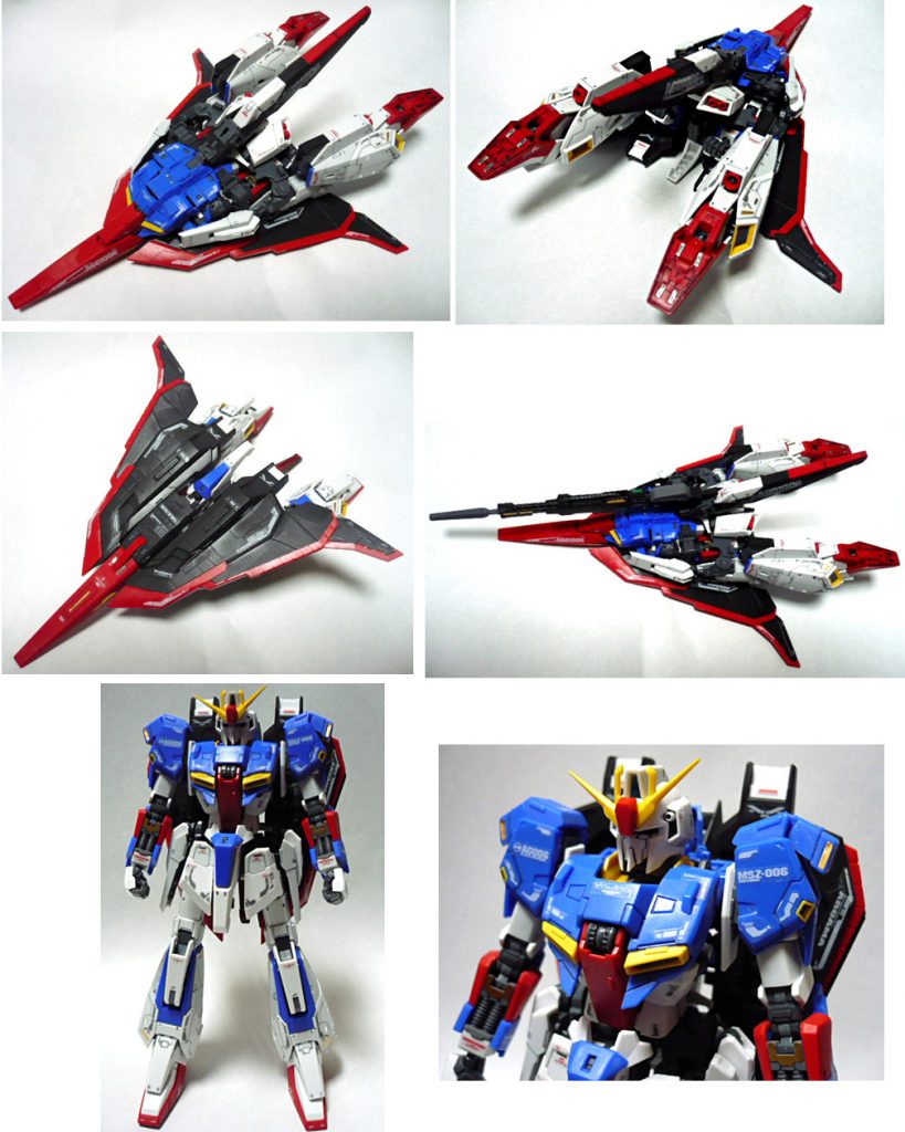ウェザリングする前の綺麗な状態のＺガンダムです（白化してますが…）
両肩の折り畳み部分を破損してしまったので
この画像の様にＭＳ状態には戻りません…

ガンプラ製作を止めて５年。
ふとした偶然からイラスト風模型（塗装）のガンプラを拝見し
自分も作って塗ってみたい！という衝動から
ガンプラ製作に復帰して現在に至ります。

最後までご覧いただきありがとうございました。