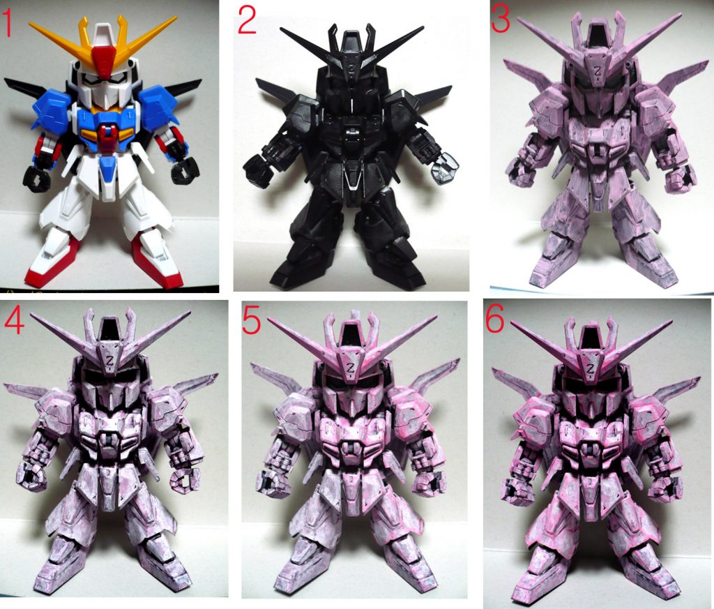 いつもの塗装の様子です。
1・素組み。この状態で作業は止まっていました。
2・100円黒スプレーでの下地塗装です。スプレーを1本使い切りました。
3・まず白に近いピンクを全体に塗りました。
4・光源を考えて多めに白を塗り加えました。
5・頭部、胴体、左腕に濃いピンクを入れてみました。様子見しながら塗り進めております。
6・全体に濃いピンクを入れましたが、更にここから鮮やかなピンクを加えていきます。
  全ての塗装を終えるのに地味に時間がかかりました…
  ほぼ見えない部分ですが最後にテールバインダーの裏側に
  暗めの赤でのグラデーション塗装も行っています。
自分としてはそれなりに表現できたと思うので満足しております。
最後までご覧いただきありがとうございました。