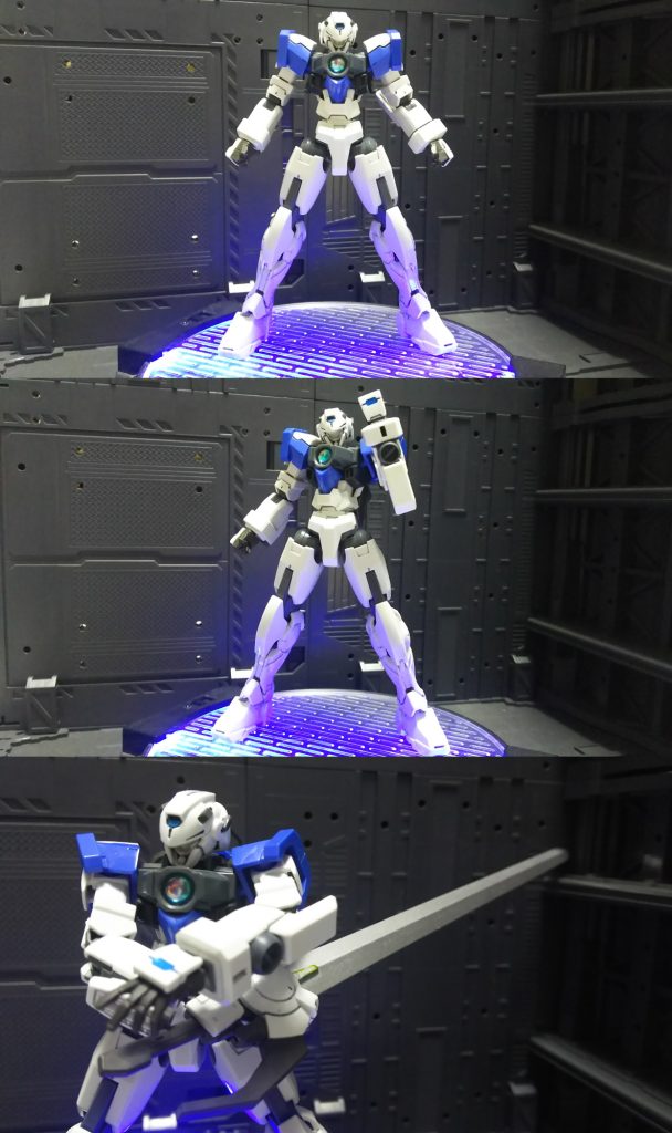 本体
追加装備をすべて取り払った状態。固定武装は左腕部の「GNエグゾーストシステム」のみで、起動とともに空間内のGN粒子を強制的に自機周辺に集め、GNドライブ搭載機を機能不全に陥らせる。
ELSソードELSが長大な剣の形を取った装備で、切りつけた相手を融合・吸収して食い破る。

敵の動きを止めて大剣でフィニッシュっていいよねヽ(=´▽`=)ﾉ