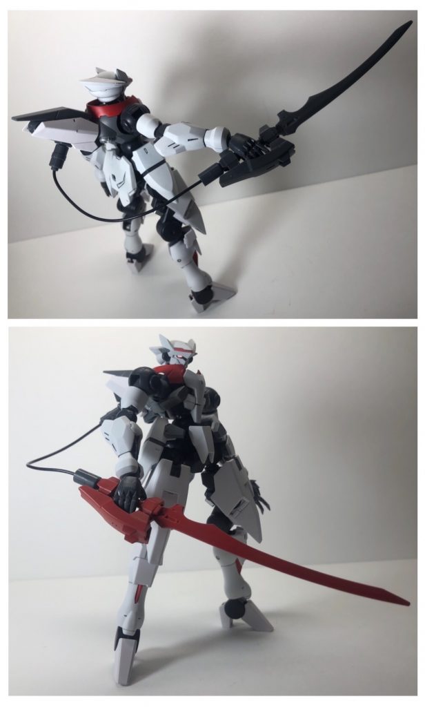 バックパックにはエネルギーケーブルが内蔵されており、右手の実体剣「スサノオブレード」の柄に接続することが可能です。（ケーブル収納状態、展開状態はパーツ差し替えで表現しています）
ケーブルが接続され、エネルギー供給状態となったブレードは赤く変色し、ビームサーベルをも上回る切れ味を発揮します。

バックパックの使用素材はアリオスの肩、セラヴィのGNバズーカの一部です。
実体剣は名前の通りスサノオのパーツを使用しており、レギンレイズの手持ち武器の柄と組み合わせています。