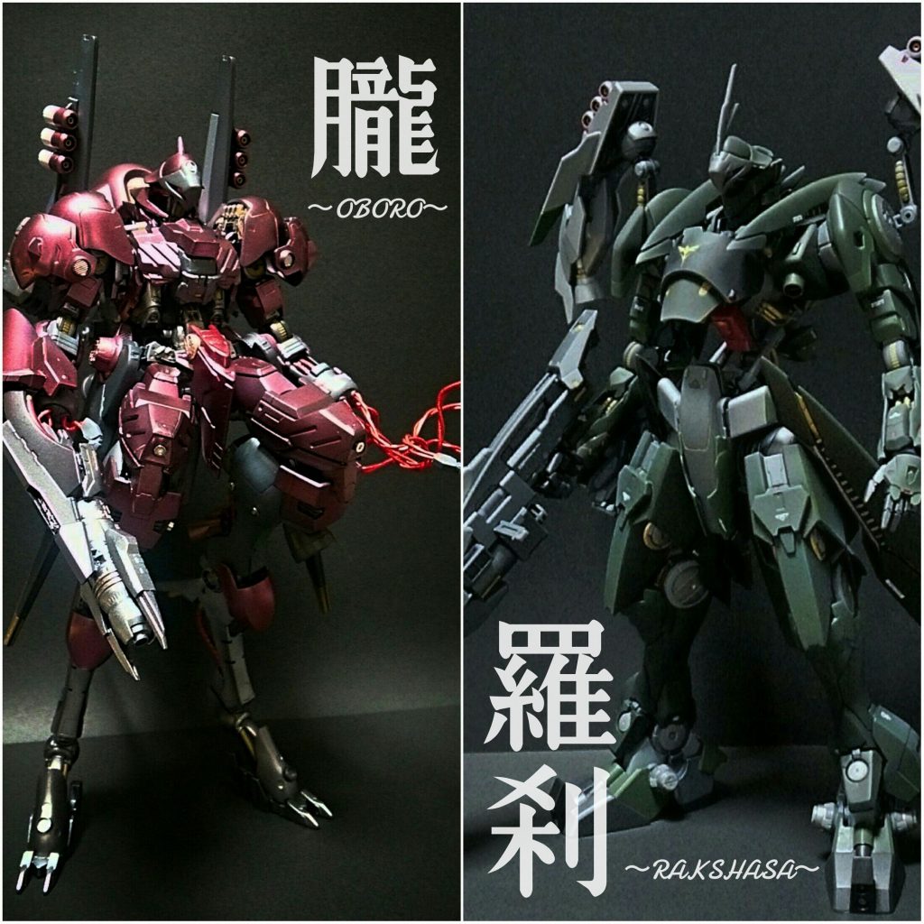 兄弟機「ラクシャーサ」とのツーショット。
それぞれサイコミュ内蔵の太陽炉搭載機とガンダムフレーム機というまさに「俺の考えた最強のヤクト・ドーガ」。
カラーリングはそれぞれギュネイ機とクエス機のカラーをモチーフにしています。