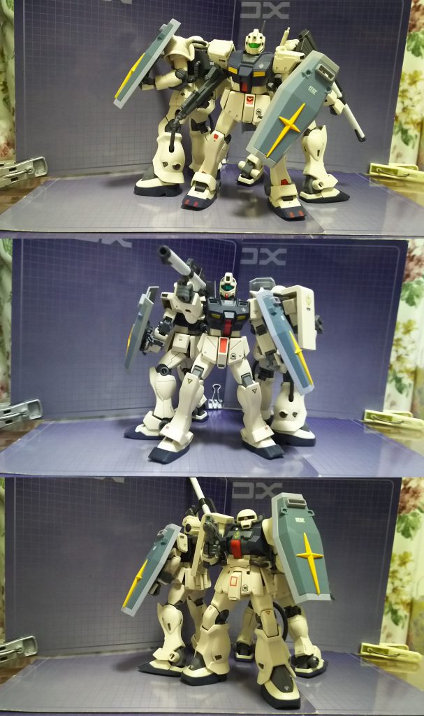 EFSF(連邦宇宙軍)のデカールを貼った後でトリントン基地所属機のエンブレムに気付いたので、陸軍所属機でなく宇宙軍からの地上方面への出向部隊、陸戦隊という扱いとしました。シールドはG3ガンダムとホワイトディンゴ仕様ジムから流用しています。