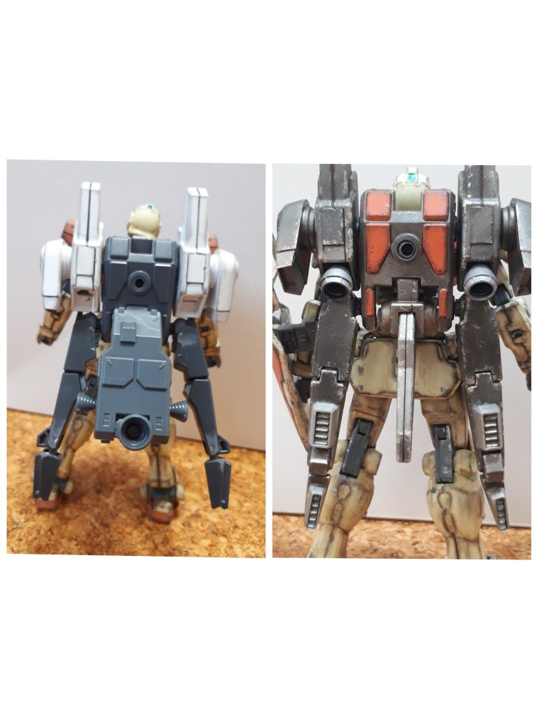 写真左が最初のプランでした。 EZ-SRとK-9からのミキシングでしたが、どうにも気に入らなかったので、下半分切って削って引っ付けて、スラスターも追加してみました。