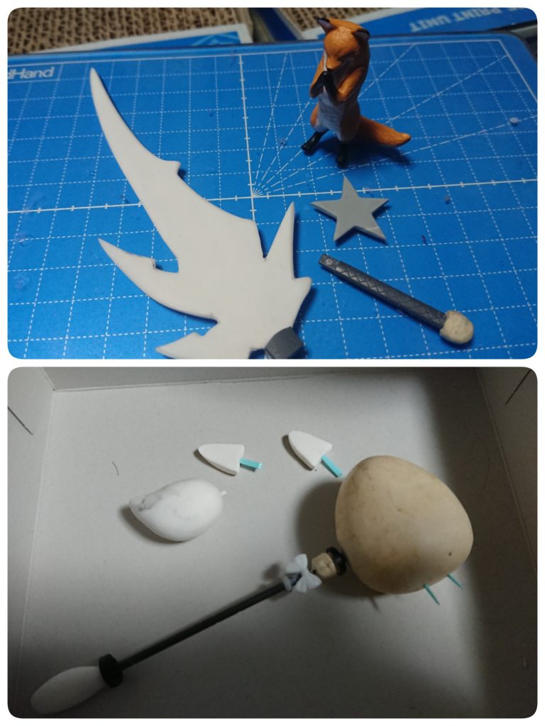 武器の塗装前。
初のプラ板スクラッチも経験しました♪
色々大変でしたが、やっぱり好きなものには全力じゃないとですからね(*´ω`*)♪