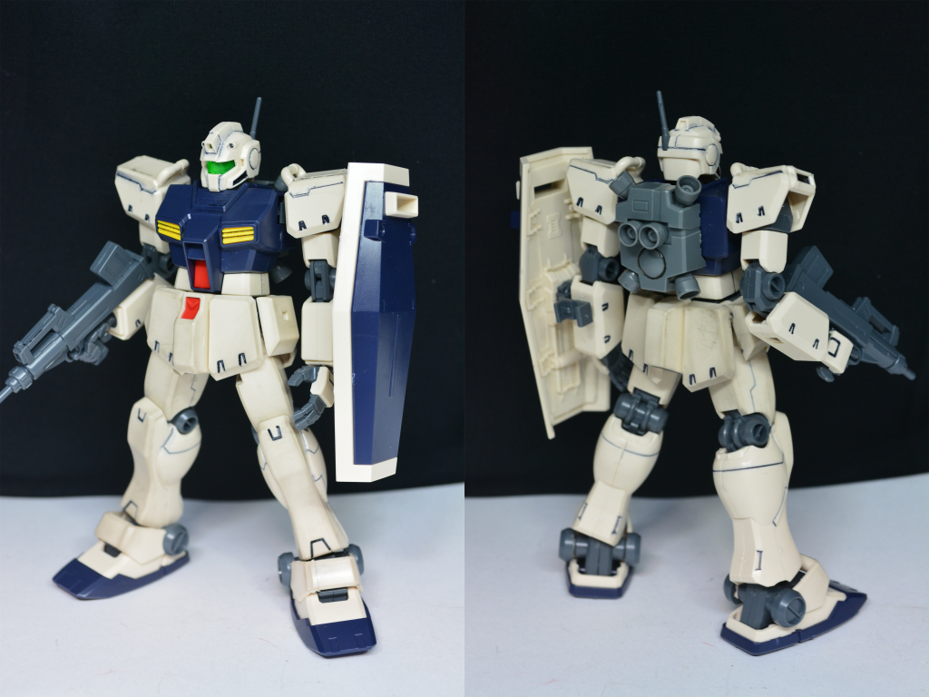 ## ジム後期生産型
本機は前期生産型に対して、後期生産型と呼ばれています。
E型をベースに前期生産型とRX-78-2の運用データがフィードバックされています。
(公式(センチネル)では前期生産型がベースになっています。)
資料ではバックパックはジム・コマンドと同型のものとなっています。
これはジム・コマンドと同時期に運用されていた為と思われます。
※この場合ビームサーベルは腰後ろに付きますが改造サボってます…