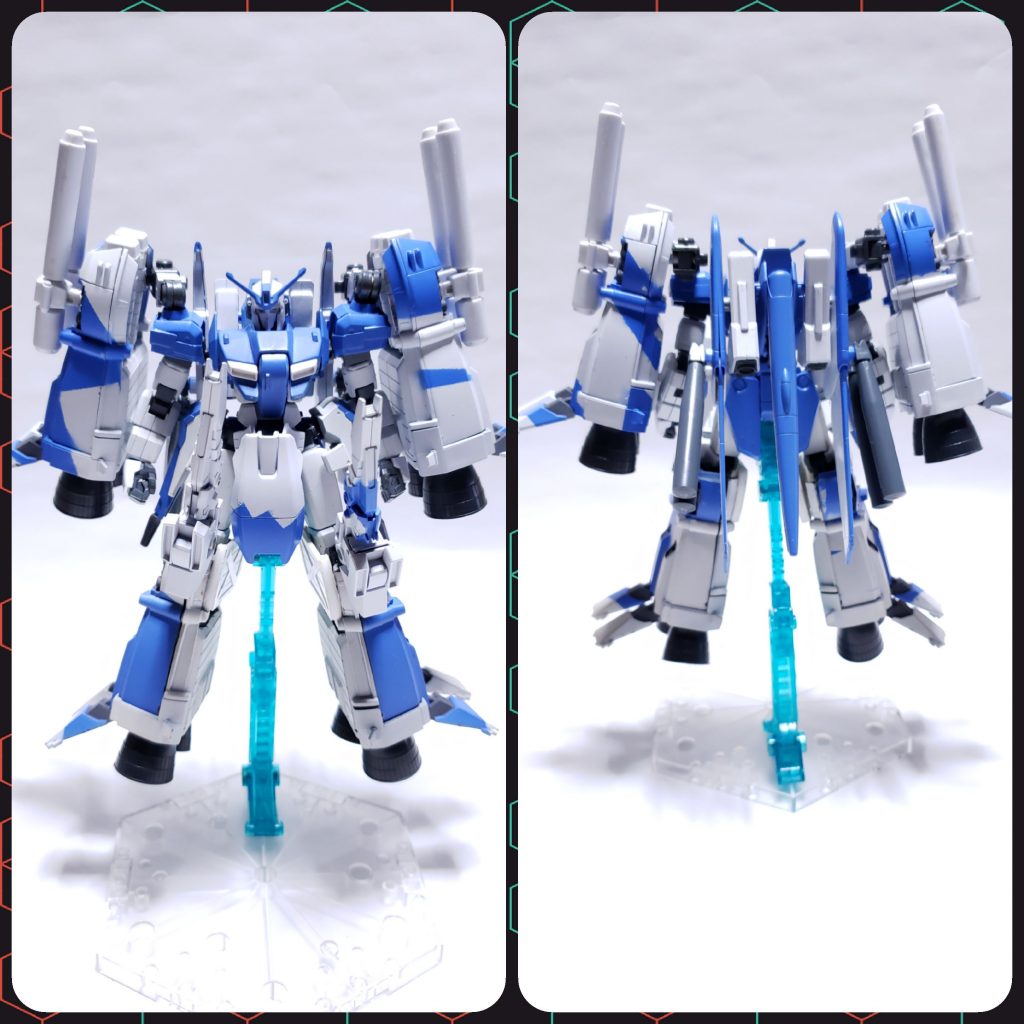 フロント&バックΣp[【◎】]ω・´)
ゼータプラスを基準にEx-sのブースターを４基配置。
肩はユニコーンの上腕部をアームに製作
脚はゼータプラスの脚部とブースターをミキシング
ニークラッシャーはミキシングで作ってます
背中はC型の物をそのまま仕様
