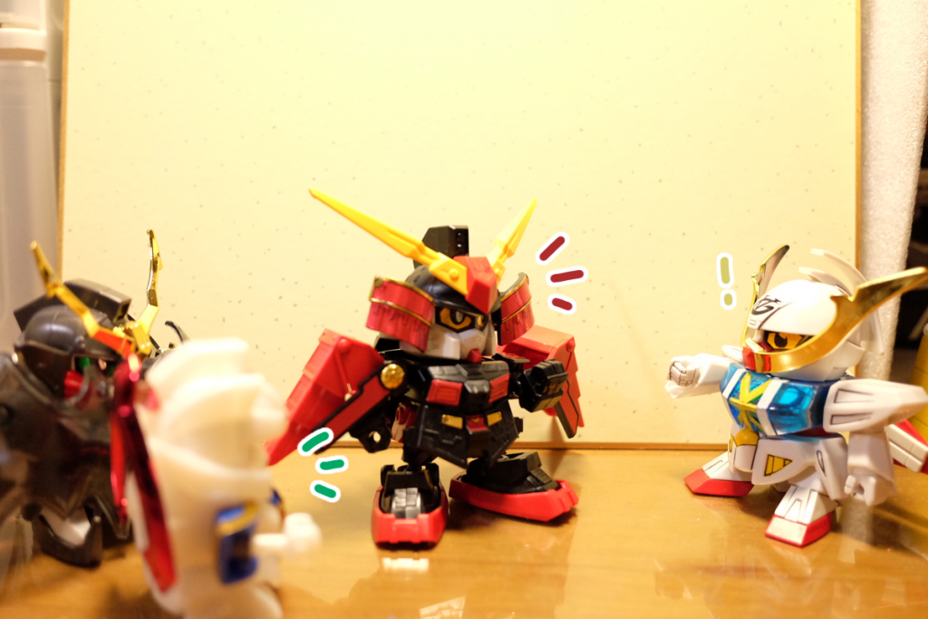 烈火：ここいらで緑色のモビルスーツを探しているのでござるが、何か知らぬか？
ワカ：眼帯してるんですぅ〜

武者∀：…眼帯？