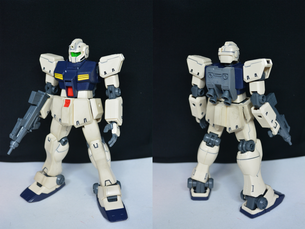 ## 初期型ジム
本機は形式番号からE型とも呼ばれており、純粋なRX-78の量産型としてRX-78の設計データを基にRX-78と並行で開発されました。(独自解釈)
ですが、ビーム装備(ビームライフル、ビームサーベル)は装備していません。
これは、あくまでも量産機の素体を開発しただけで並行して装備の開発もされていたと思われます。