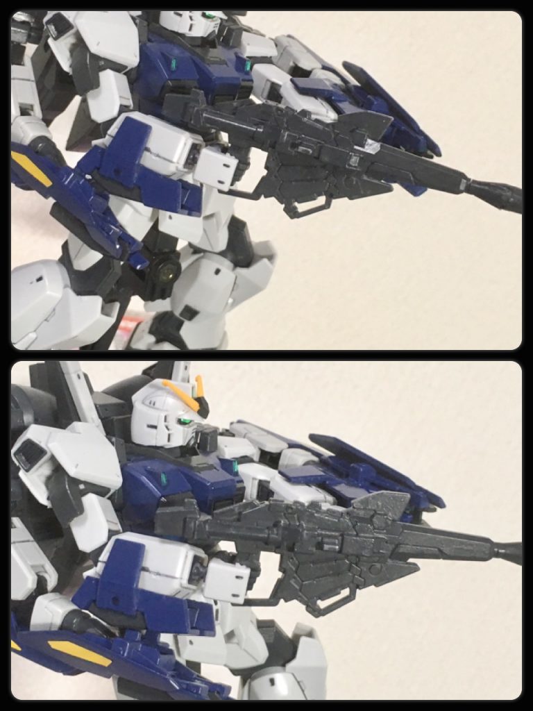 「ビームマグナム発射態勢」

本来ならサイコフレーム搭載機のユニコーンガンダムやデルタカイのような高級機でないと、ビームマグナムの発射に必要なエネルギー供給不足による機能不全が発生してしまう。
特に量産機などではマニュピレーターから肩部にかけての電装系やフレームへ与えるダメージは、たった１射だけ使い物にならなくなるほど強力である。

更に本機のガンダムMk-Ⅱは第２世代初期に開発されたＭＳであることから、ビームマグナムをそのまま使用すればドライブに必要な出力不足によりジェネレーターダウン防止用安全装置の作動発生率が高くなる事に加え、発射時の反動の衝撃で最悪の場合フレームに致命的な損傷が発生する可能性もあった。

そこでビルドブースターMk-Ⅱを本機に装備する事で、バックパックの増設ジェネレーターで生成したエネルギーをサブアームユニットを介して腕部の回路にバイパスを直結させ、ビームドライブの安定的な出力維持を達成した。

更に腕部ハードポイントには発射時の強烈な衝撃を緩和させる機構を盛り込んだ増加パーツを接続。フレーム強度を補う対策を施している。
発射前は増加パーツを前方に出しておき発射した瞬間、増加パーツが後方へスライドする事で衝撃を低減させる。
その後フレームの後方へ向かって伝っていく衝撃はサブアーム内のクランク状の機構で吸収させていく。

これらの機能によりビームマグナムの発射は片腕側につき2射までは許容範囲内で耐えられるようになった。
装弾数の5発目にあたる３射時になるとマニュピレーターのエネルギーサーキットがショートして不具合が発生しまうことになり、マニュピレーターの武装コネクタを介する必要がある武装の使用は出来なくなる。

そうなった場合は腕部との接続を解除したサブアームユニットによる専用ビームライフルでの対応に切り替える。

この検証データを元にシルヴァ・バレト・サプレッサーは腕部交換式機構を盛り込むことにした設定です。