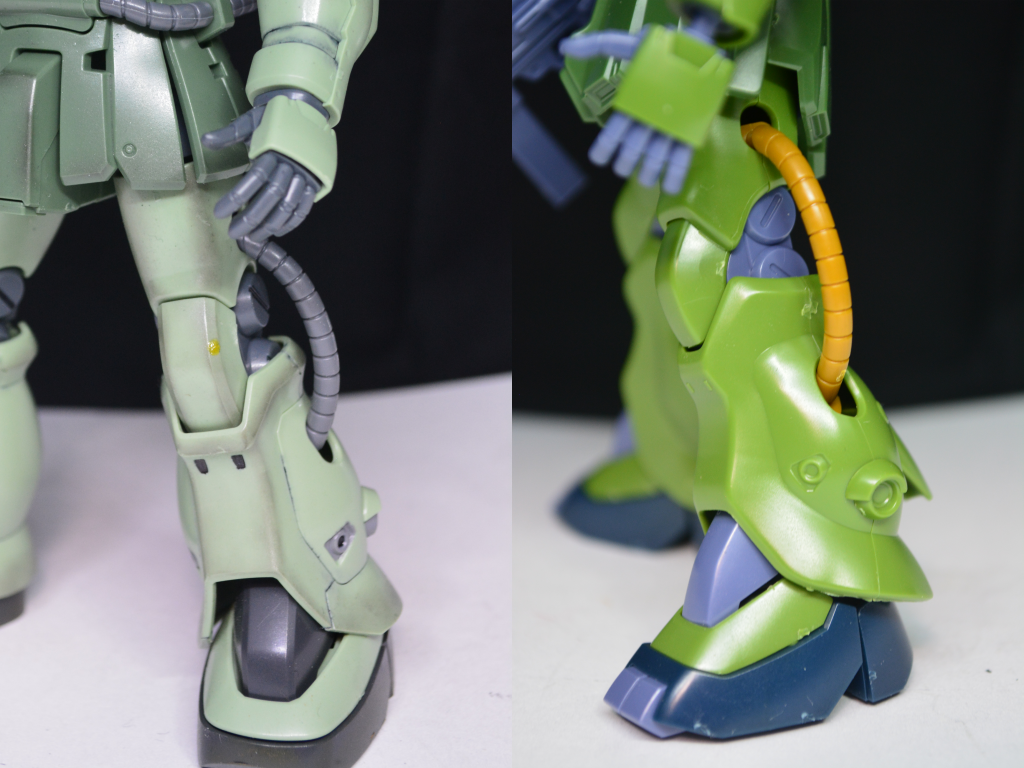 ## 脚部の比較その2
腕同様にF2型とFZ型は統合整備計画の影響により膝関節で同様部品が使用されているようです。(ふくらはぎ横のスラスターも同様の部品が使用されていると思われる。)
また、F2型はF型同様に脚部のスラスターは左右合計8個。FZ型はS型同様に左右合計10個のスラスターとなっている。