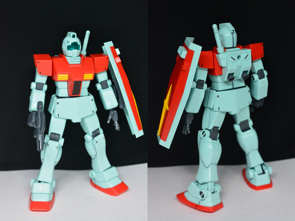 ## 前期生産型ジム
E型をベースに「質より量」の量産に適する為に頭部・肩・バックパックなど各部が簡略化されています。
一般的にジムと言えばこの機体を指しますがこれはただ生産数が多かっただけでジムの主流というわけではありません。