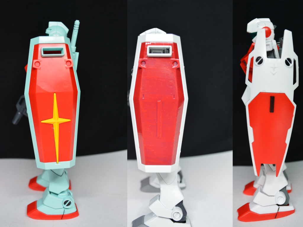 ## シールド比較
一般的には六角形のシールドですが、ジム・コマンド以降のオーガスタ製は曲面型のシールドになっています。
避弾経始の考え方で曲面なのだと思います。(一年戦争時は実弾がメインだったので効果はあると思われる。)
因みにジム・コマンドとジム・カスタムのシールドの形状は似てるようで違ったりします。