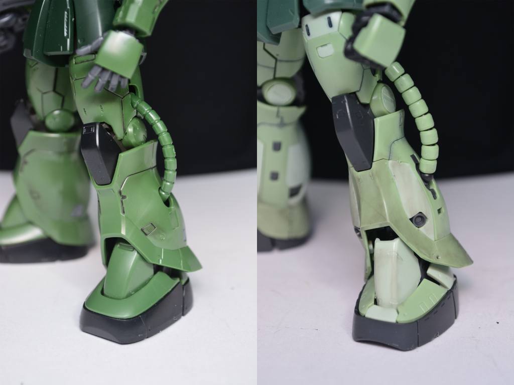 ## 脚部の比較その1
C型とF型での違いはスラスターの数です。
C型ではふくらはぎ横のスラスター左右で合計4個でF型はすね横のスラスター追加され左右合計8個となっています。
余談ですが、地上用のJ型は砂埃等の侵入を防ぐ為に脚部のスラスタ―は塞がれています。
また、S型はF型のスラスターに加えてふくらはぎ正面にスラスターが追加されます。