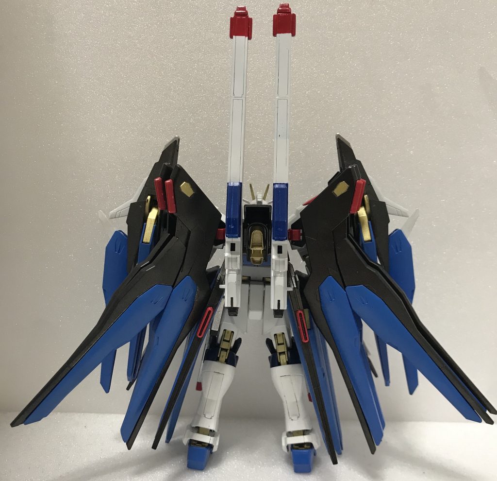 まずは正面と背面から
基本的にはストフリのままなんですが
ドラグーン搭載量を増やす為に
アメイジングストフリから
バインダー・バックパック等を拝借して
全20基のドラグーンの搭載を実現しました!w