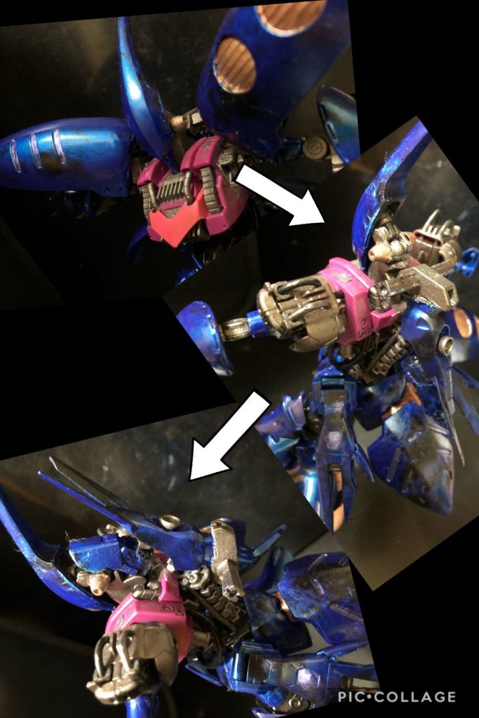 ① 肩アーマー、ファンネルブースターを外す。
oyz「差し替え?いや違いますな、一種のファンネル兵器と思って頂きたい!」
ハマーン様「ファンネルのムダ遣いではないのか、室長?」
② 首を胴体に収納する。
③ 背部メインバーニアを反転し位置を調節する。
④ 脚部を反転し、腕部、腰部ブーストアーマーの位置を調整
⑤ 分離した、 肩アーマー、ファンネルブースターを各部へ設置。
⑥完成!!
ハマーン様「うーむ、やはりこの様な姿になるとは...。如何とも言い難いものだな...。むう...。」
oyz「じゃあまあ、武装も捕捉しておきましょう。」
ハマーン様「私のキュベレイと何か差異はあるのか?」
oyz「いや、無いです。なのでwikiのまんまです。」
ハマーン様「説明要らぬのではないのか?」