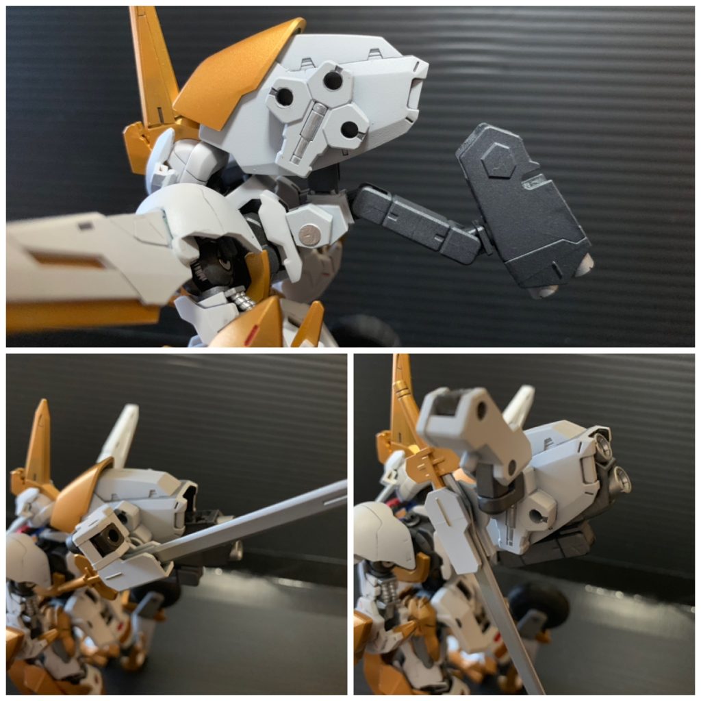 バックパックはこんな感じで外内に別れて可動
側面についてるのはガンプラ改造キャンペーンで貰ったもので、コイツのおかげで換装が楽になります。
エアキャバルリーはともかくコンクエスターになると鞘の角度が90°変わりますが、そのまま回転させるとフロートの取り付け予定位置(上側の2つの穴)を塞いでしまうので、コンクエスターの際は鞘を下の穴に移動、フロートは上の穴、ハドロンブラスターはスラスターとバックパックを上下に開き、内部に仕込んだコネクターで支える予定です。