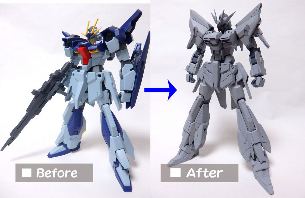 パチ組みしたライトニングガンダムとレガリアムガンダムのサフ状態との比較画像です。

ほぼ全てのパーツになんらかの改修を加えています。

レガリアムガンダムの名前の由来はラテン語の”王権を象徴する物品”であるレガリアと自分だけのマイガンプラであるということの「ｍｙ」、そしてモデラー夕夜の本名であるイニシャルのＭからきています。

ここまで長々とお付き合いいただき、本当にありがとうございます！それでは、また次回の投稿にてお会いいたしましょう！
ありがとうございました＾＾