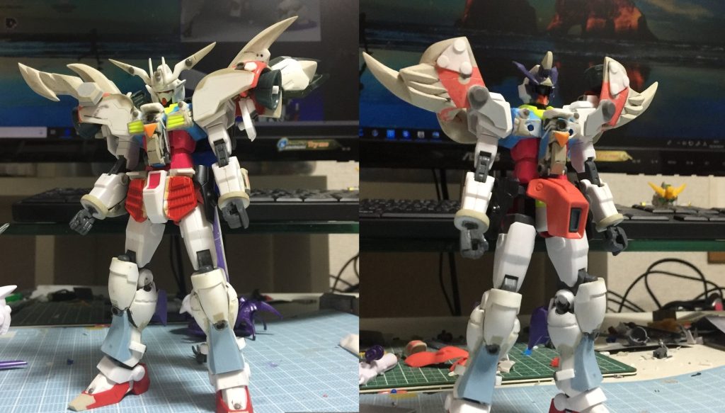 最後に制作工程ですね。こんな感じです（丸投げ）
では悪いので詳しくは下に書いておきます。需要あるとは思えませんが…。

ほぼ自分用なので読み飛ばしてくださってかまいません。


共通部分から

ベースはGBNベースガンダムです！原型？なにそれおいしいの？
正直死ぬほど苦労しました。見通し激アマです。
それもこれもGP04がHG化してないのがいけないんだ・・・。

脚はGP01の装甲を被せて脛アーマーはそれっぽかったのでGMスナイパー2を加工してつけています。
腕は特にいじってません。磁石つけて追加部品つけれるようにして形少しパテで変えました。あれ？結構いじってる？
あとバックパックはドムR35を使ってます。意外とぴったりはまった…。

牙忍 

頭は友人Ｎから頂いたAGE2マグナムの頭にガーベラの顎を移植。パテで少し形変えてます。
胸当てはパテに磁石仕込んで自作しました。自作パーツは精度が低くなりがちですね…精進せねば。
肩はガーベラテトラのを軸に改造してます。ここも原型がほぼないorz
腰はガーベラテトラのをそのままポン付けです。やっと楽ができました。

鉄斗羅頑駄無

頭GP01の頭をパテで形変更。
Oガンダムのイケメンフェイスに付け替えました。白鋼の鋭針（ツノ）などは気合（パテとプラ板）です。
肩は牙忍と同じくガーベラテトラを芯にしてます。元のキット通り反転させると牙忍と頑駄無形態を入れ替えられます。
胴はベースガンダムを軸にジャンクでそれらしくしてます。あとラインストーンでかっこよくしました。
腰に関してはＬＧＢＢの武者頑駄無をそのまま使いました。腰しか楽してないな？
強襲加速器（シュツルムブースター）レギンレイズジュリアのブースター？です。
前GUNSTA様にてこれを使い牙忍鉄斗羅を作っている方がいたので真似…リスペクトしました。

以上になります！！！！！長！？



ここまでご覧いただきありがとうございました。
かっこいいと思っていただけたなら評価ボタン押していただければ幸いです。

ではまた次の超将軍でお会いしましょう。
[ﾟДﾟ]ﾉｼ ＜Twitterに載せきれなかった画像＋α載せてあります。