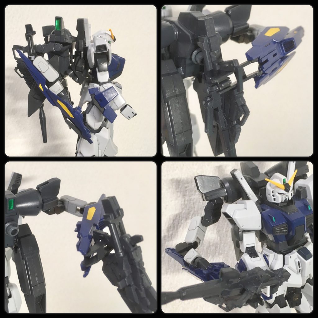 専用強化型ビームライフルでの戦闘でも対処出来ない状況になった際は、背部ハードポイントにジョイントしたビームマグナムを使用する事になります。

専用ビームライフルをパージし、ビルドブースターMk-Ⅱユニットの接続フレームを展開して背面に回し、ビームマグナムのグリップにライフル固定具を引っ掛けて機体前面に持ってきます。