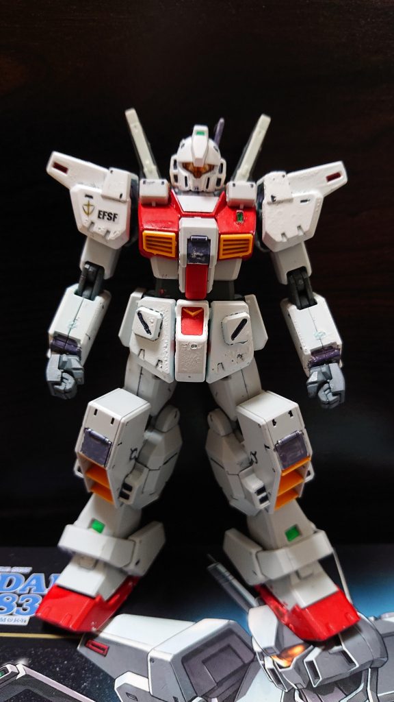 ↑フロントビュー
 UC0087年8月25日、713部隊と合流したアスハ達の艦隊は713部隊から新型機を受領し、713部隊の杏から説明を受けていた。
◆杏「君たちが乗るこのジム・カスタム改は従来の機体と比べて操縦性が劣悪だから、作戦決行までに機体の癖を覚えておいてくれ」
◆ミツヨシ、アスハ、トシカズ「了解!」
 杏が去ったあと、アスハが呟いた
◆アスハ「…にしても美人でしたね」
◆トシカズ「あぁ、正統派美人と言ったところかなぁ…」
 アスハが疑うような目でトシカズを見つめる。
◆トシカズ「ってアスハ、俺はもちろんお前の方が好きだぞ」
 一応、他の艦にはジム改J型が合計15機配備されました。