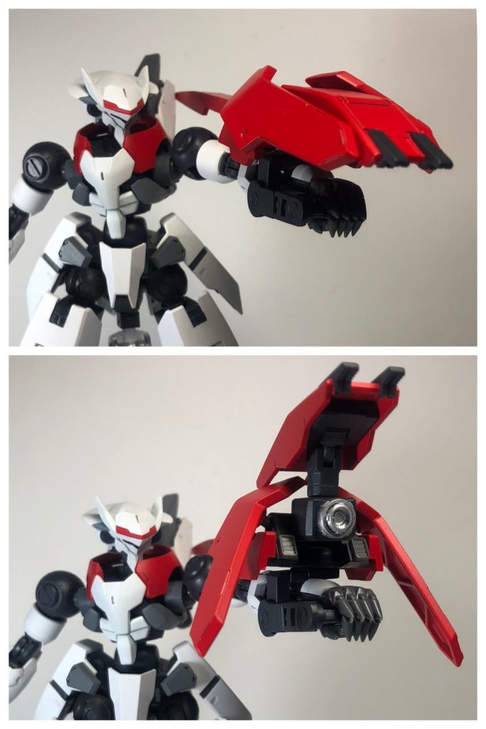 フラウロス・インパクトの隠された機能！射撃モード！！

先端部分が大きく展開し、内部から銃口が露出します。
射撃兵装ではありますが、射程は短く、中〜近距離で使用するイメージで制作しました。
その分威力は折り紙つきで、近距離で放った際にはシールドすら破壊します。


※[2019.7.10]変形時に露出する内部のパーツ構成をアップデートしました。