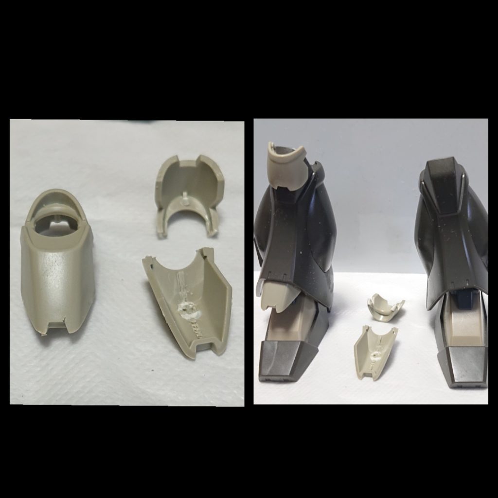 脚周りのデコレート。
マグアナックの足。上側部分を前後に切り離して裏側を整えたら、後ろ側は膝に、前側はスネアーマーの先に接着。これ塗装してから接着したほうがマスキングしなくて済むので、先に塗装するようチャートにちゃーんと書いておきましょうね～