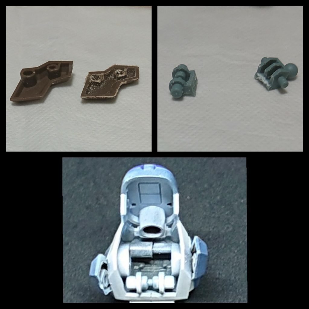 肩アーマー。エコーズジェガンの物に、切り離して裏側を整えたマグアナックの肩アーマーを前後にアップリケアーマー状に張り付けてます。これも塗装してからのほうが…
サイドアーマーは難しいことをせずに（やめた）ジェガンのアーマーに直接接着。これも塗装しｔ…（略）
マグアナックの肩フレームにつけられるようにするために、接続部分のみを切り離してジェガン肩アーマーの裏に接着。
これならマグアナックのままでよかったかな…（大敗）