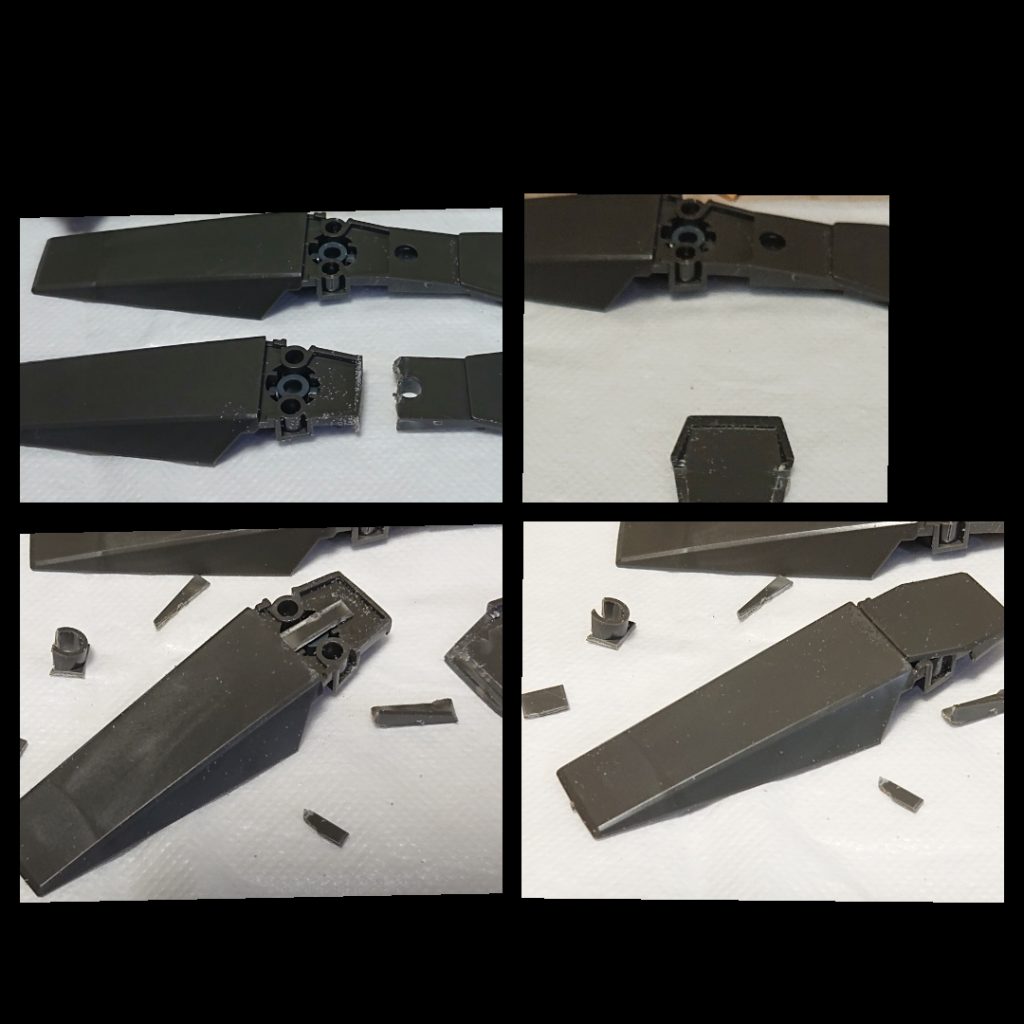 シールドは上下に切り離して、上部パーツの裏側を整える。
下部パーツの、ＰＣパーツが動かないように蓋をして固定したら、そこに上部パーツをかぶせて接着。
取り回しがよさげな小振りなシールドが出来上がり。