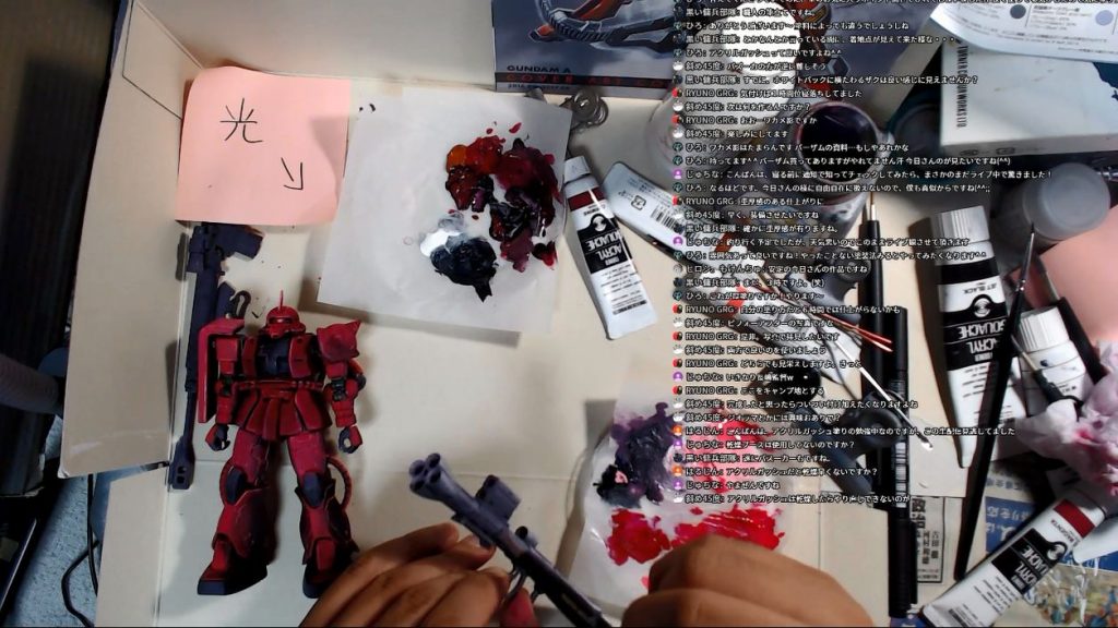 武器はバズーカだけ塗る事にしました。マシンガン２丁に対艦ライフルにヒートホークにと多すぎる。
夜中の３時にて終了でした。
お付き合いくださった方が結構いてビックリ。