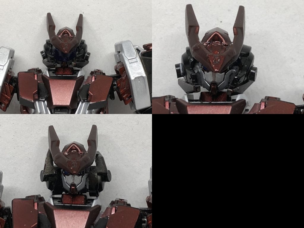 頭部については、今回は差し替えなしによるモード切替を3段階(バイザー開閉、側面パーツ変形によるシステム起動形態)で実現させました。