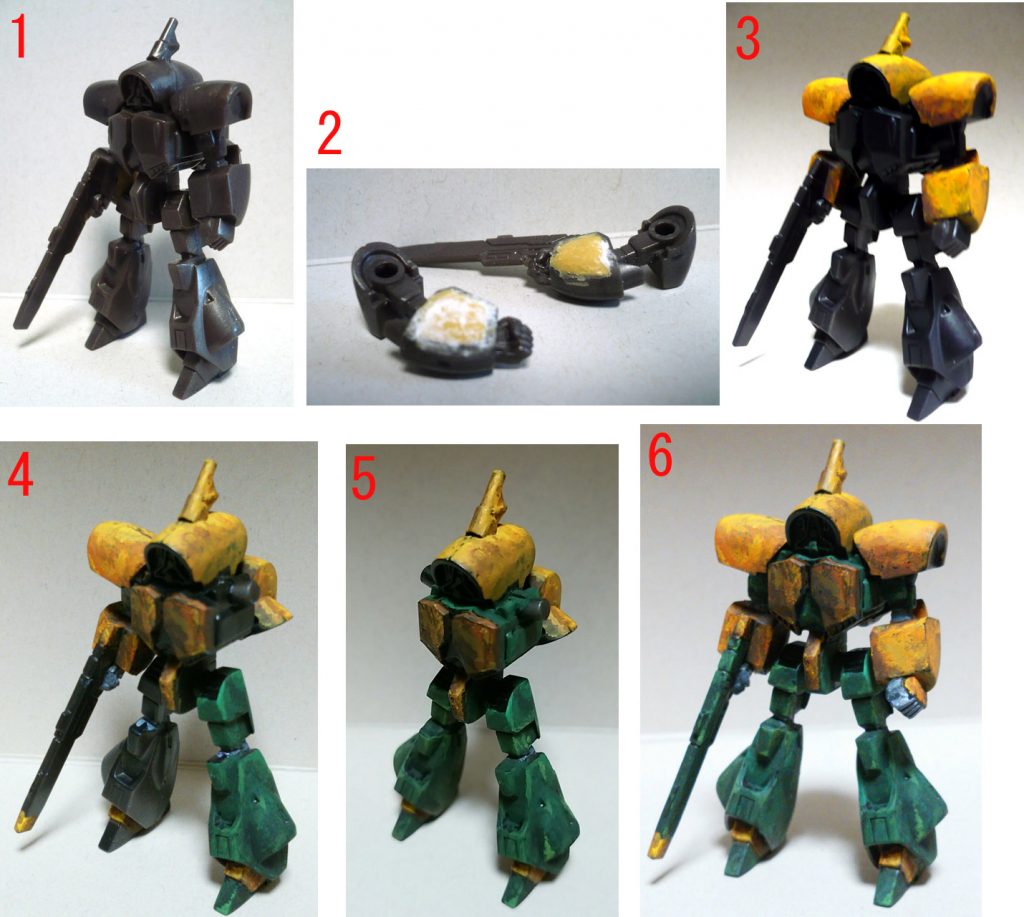 製作・塗装段階の写真です。
1・組み上げて塗装する前の画像です。元はガンメタカラーでした。
名鑑ガムのキットはパーティングラインを消すのがとても大変です。
2・良い出来のキットだったので腕の内側肉抜き部分をパテで埋めました。
3・黄色部分の塗装を終えた状態。
4~6・グリーン部分の塗装。
塗装に約5時間かかりました。
最後までご覧いただきありがとうございました。