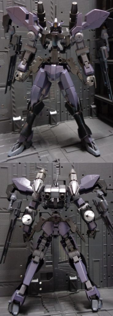 機体前後
24mの大型機体。
肘部GNドライブ×2、バックパック部疑似GNドライブ×2、肩部大容量GN粒子タンクで稼働する。
あえて毒性を高めた紫色のGN粒子をばら撒く。