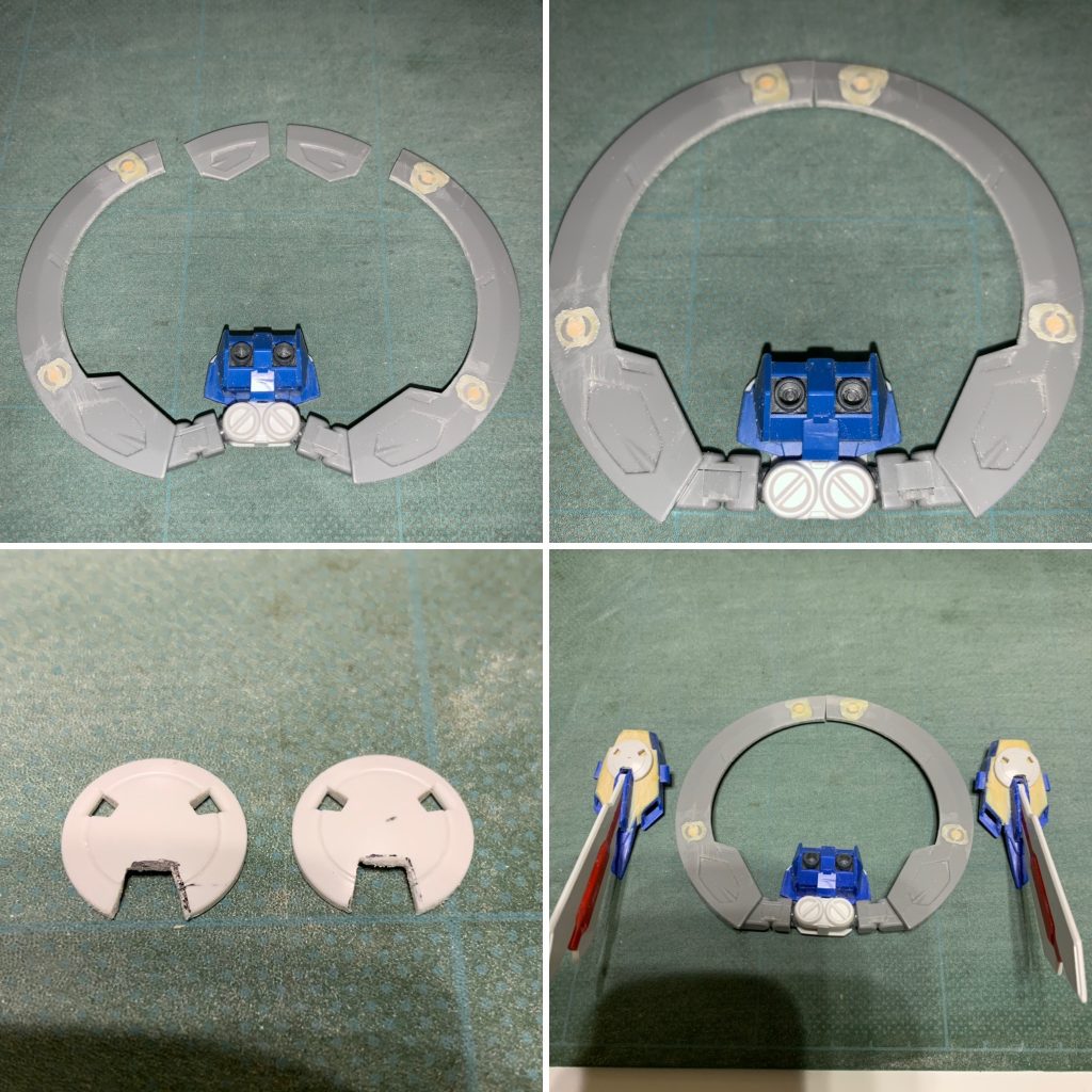 バックパック。
ダブルオーダイバーのGNドライブにGガンダムの放熱フィンを組み込み。
GNドライブはうまく組み合わさるように切り欠いて調整しました。
また、リングパーツはBB戦士スターゲイザーのものを基部から移植。
画像はありませんが切り落とした先端を改めて付け直し、断面にネオジム磁石を仕込んで光輪展開時にくっつくようにしました(これも初挑戦)。