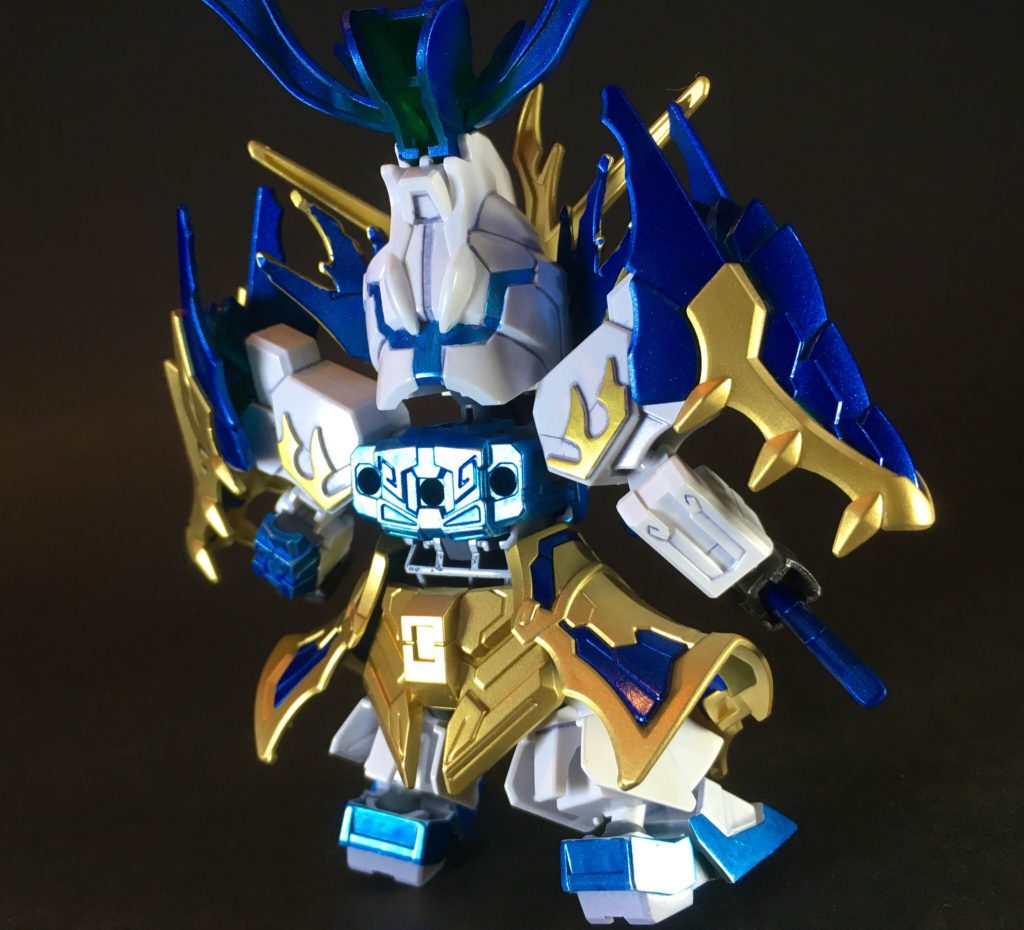 三国創傑伝の関羽雲長νガンダムです。関羽が一時期曹操軍に所属した故事から、魏軍カラーの青で塗装しました。Hi-νガンダムのカラーリングを意識しています。