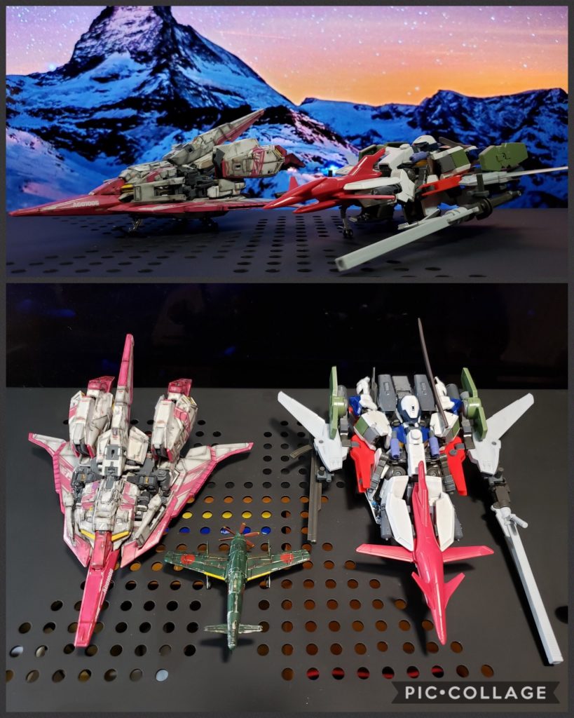 大きさ比較用に製作途中のRGゼータガンダムを置いてみました。全体的な大きさは幅が翼の大きさの為晨電の方が大きくなってしまいました。
厚みと全長はゼータと比べてそれほど大差なくまとまったのですが、機体後方を塊に見えるよう統一した事とウイングユニットの印象が強いのか晨電の方が大きく感じます。あと、機体名なのですが、変形後の姿が震電に似ていたから、です。