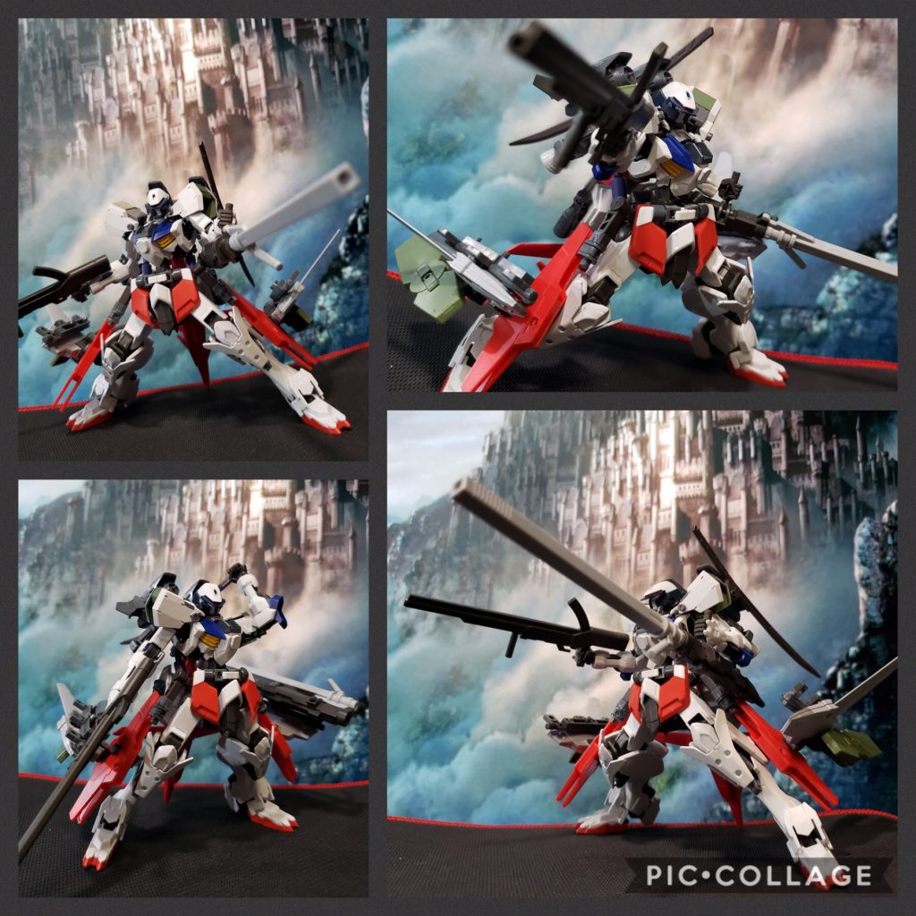 汎用型のような装備で撮影してみました。(ブースターパック、ロングライフル、レールガン、刀、増槽、爆弾)
可動域はガンダムフレームそのままなのでなかなか動きます。
膝パーツをオリジナル化してふくらはぎの厚みを薄くした為、膝立ちが出来ません。膝をキットのままにすると変形時の全高(厚み)が増してしまうためです。