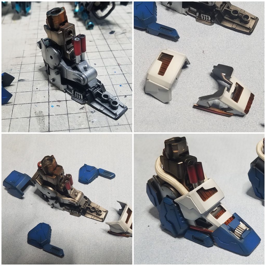 爪先からです
一例ですが
カバーは基本的に穴空けを行い、そのうらから1枚プラバンをはります。そしてカバーに1枚はります。
そうすることで、ディテールアップでプラバンの厚みによる、ゴツさを押さえる効果になりました
見た目3段ディテールですが
表に出る量は1枚分になります
この行程を各所に行いました
次は動力パイプの製作です