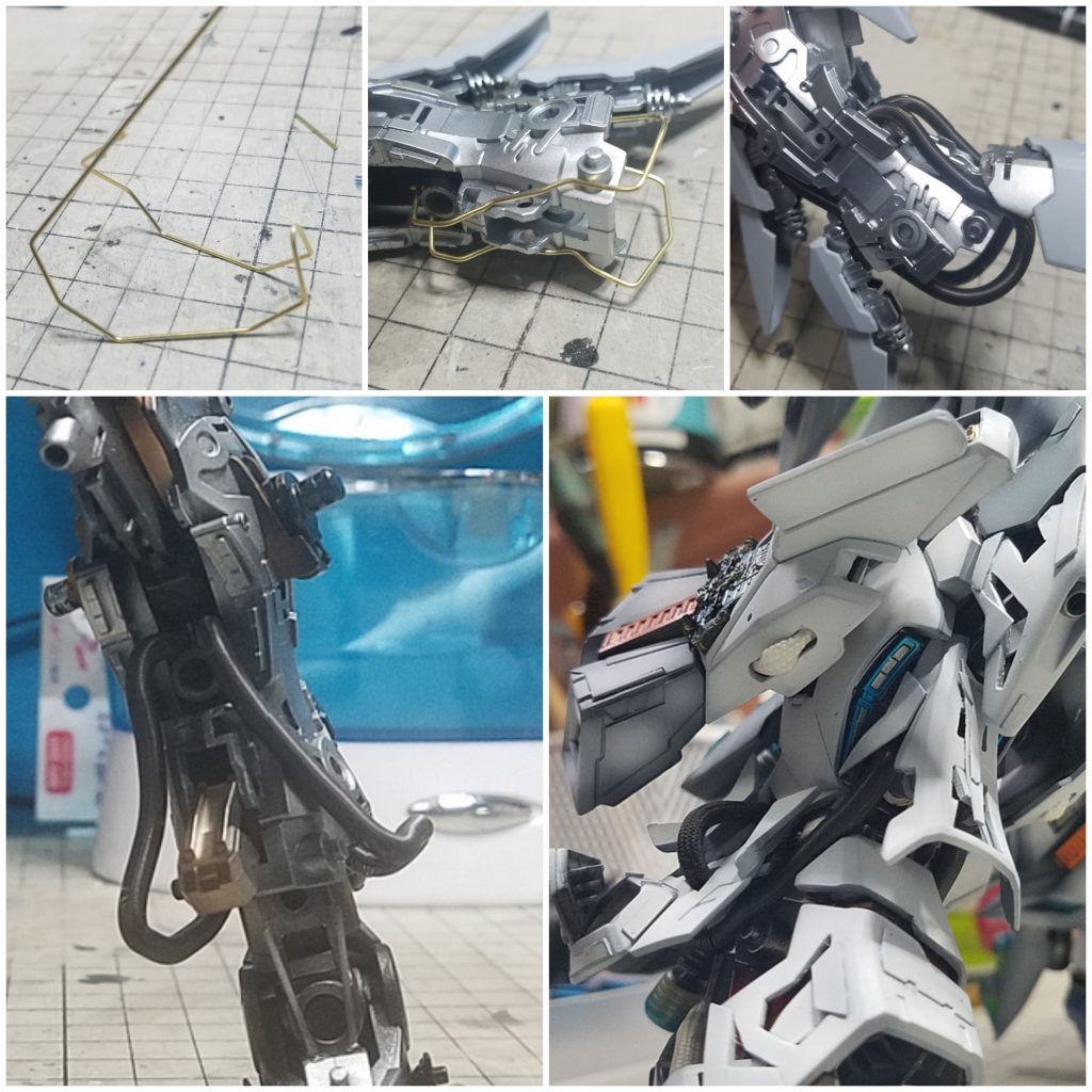 確認カバーに隙間を持たせてあるので
内部に空間が発生します
そこを埋める為、動力パイプを挿入です
今後このパイプ関連作業は以下の手順で製作しました
真鍮線で骨組みをしっかりつくります
2本同時に折ることで、対象の形ができます
最後にRL加工にさせて、パイプやスプリングを通します
胴体に使用する曲線は、糸ハンダを2本入れて後から曲げれるようにしてあります
パイプの末端処理はプラパイプを斜めに切ったディテールにしてます